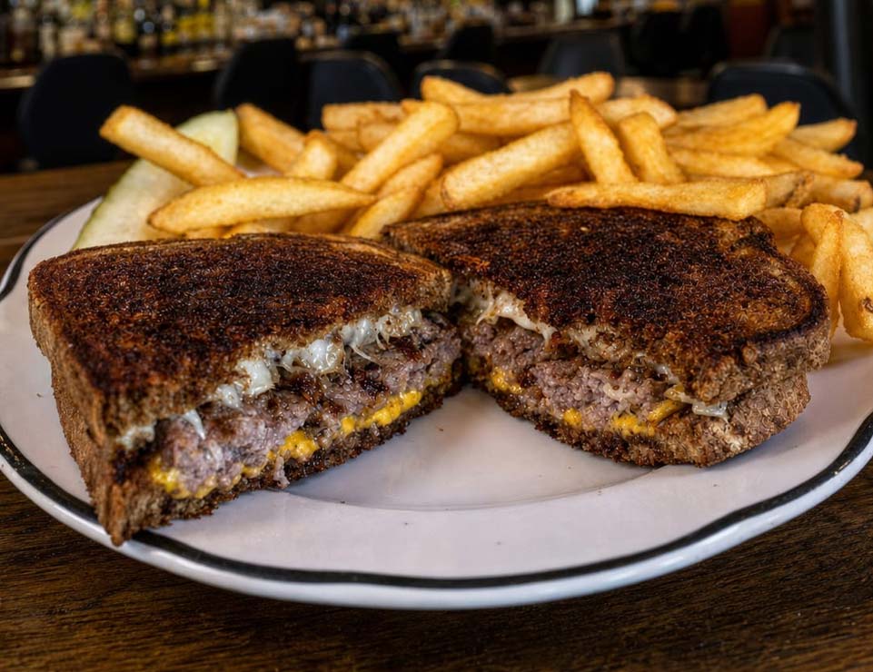 A patty melt sandwich with fries and a pickle, served at our bar in Red Wing, Minnesota.